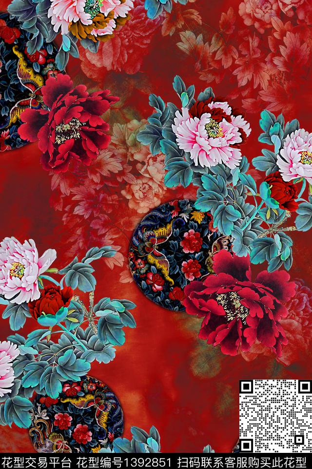 花卉大牌风抽象数码印花华亿平台下载（图片编号: 1392851） - 瓦栏（Walan）