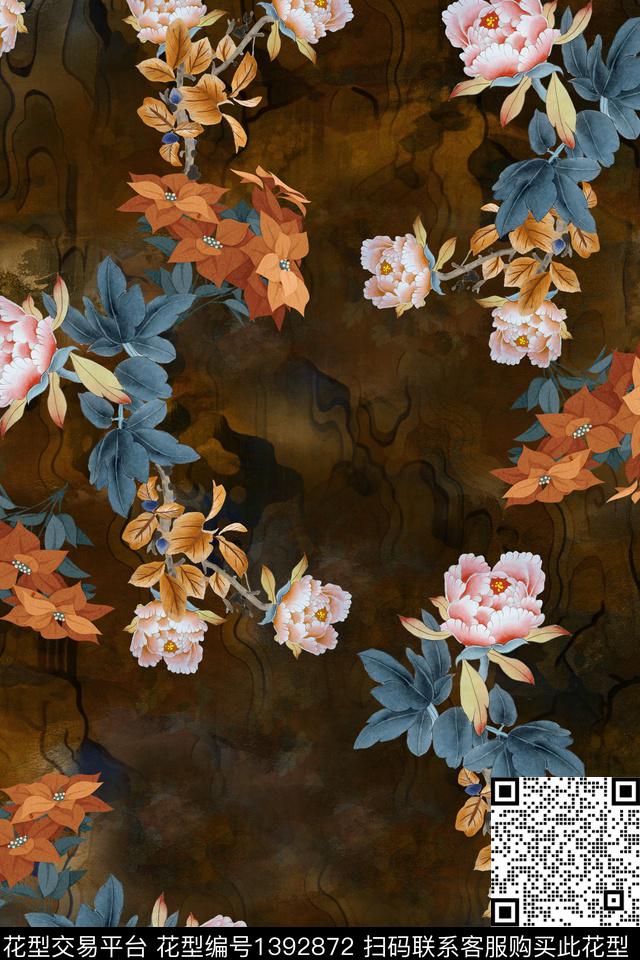 香云纱中国风复古旗袍花数码印花华亿平台下载（图片编号: 1392872） - 瓦栏（Walan）