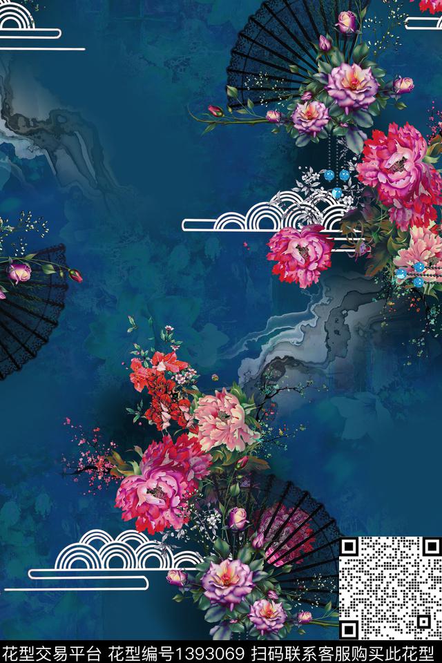 祥云花卉中国风数码印花华亿平台下载（图片编号: 1393069） - 瓦栏（Walan）