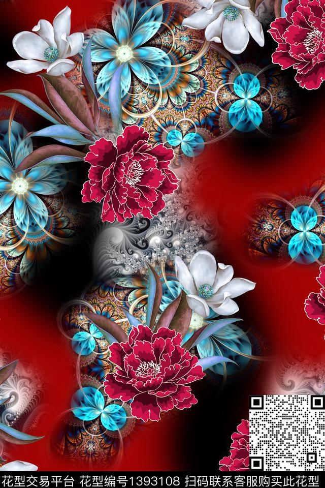 花卉大牌风抽象数码印花华亿平台下载（图片编号: 1393108） - 瓦栏（Walan）