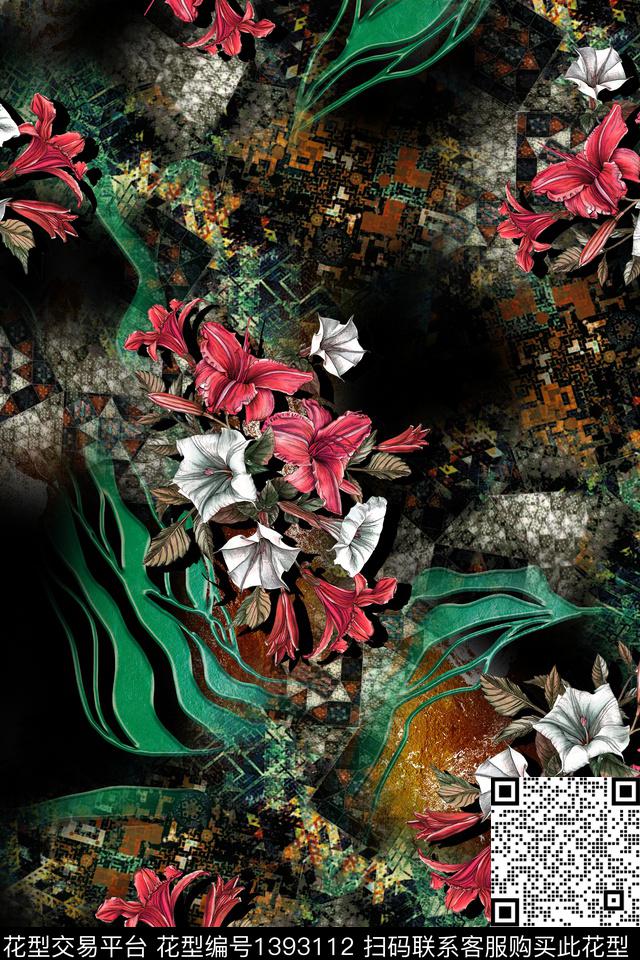 花卉大牌风抽象数码印花华亿平台下载（图片编号: 1393112） - 瓦栏（Walan）
