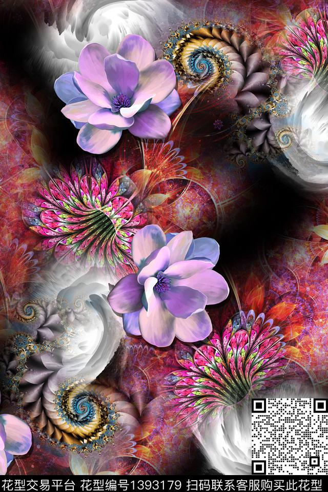 花卉大牌风抽象数码印花华亿平台下载（图片编号: 1393179） - 瓦栏（Walan）
