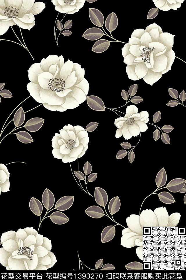 黑底花卉花卉大牌风数码印花华亿平台下载（图片编号: 1393270） - 瓦栏（Walan）