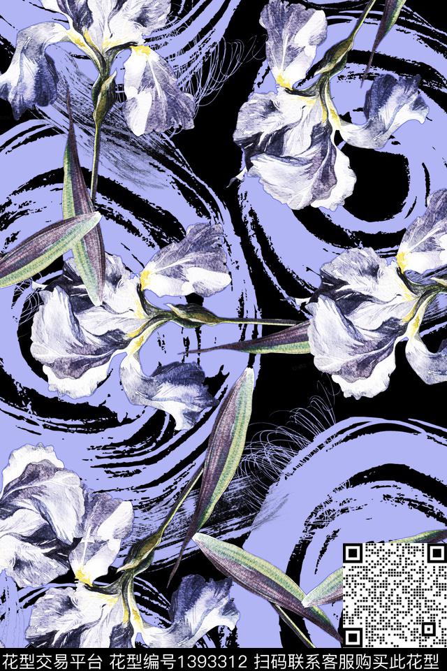 双色黑底花卉纹理数码印花华亿平台下载（图片编号: 1393312） - 瓦栏（Walan）