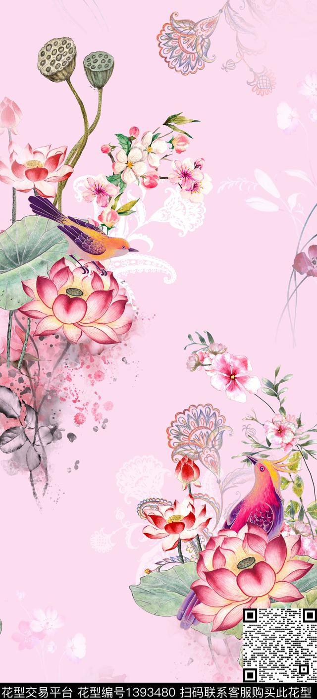 荷花时尚简约数码印花华亿平台下载（图片编号: 1393480） - 瓦栏（Walan）