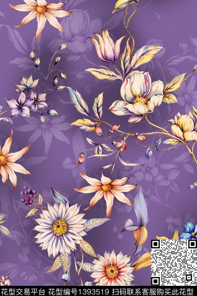 花卉大牌风香云纱数码印花华亿平台下载（图片编号: 1393519） - 瓦栏（Walan）