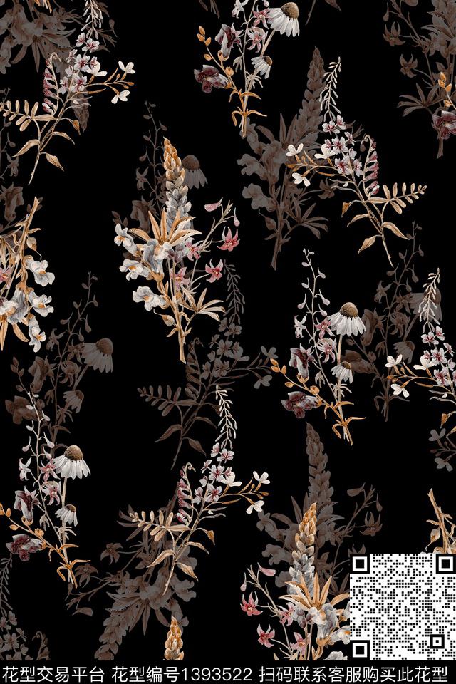 黑底花卉花卉大牌风数码印花华亿平台下载（图片编号: 1393522） - 瓦栏（Walan）