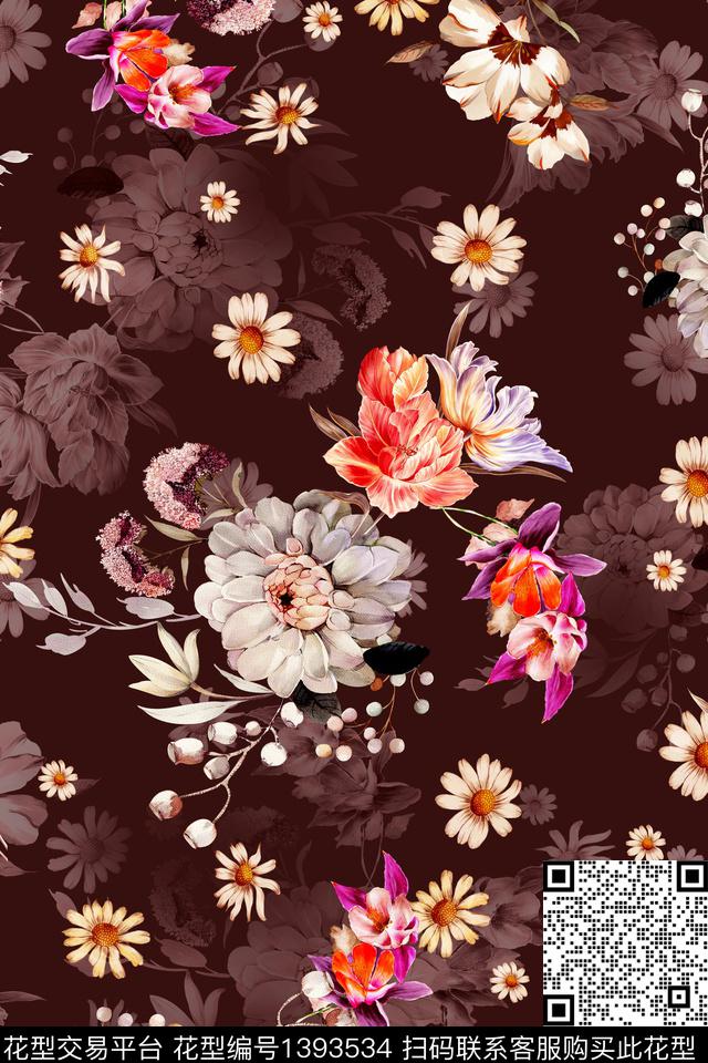 花卉大牌风香云纱数码印花华亿平台下载（图片编号: 1393534） - 瓦栏（Walan）