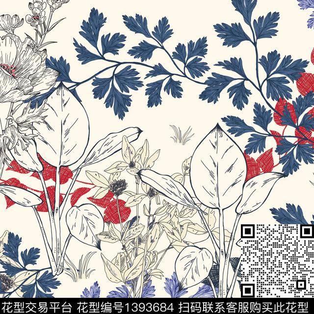 花卉植物素描花卉手绘数码印花华亿平台下载（图片编号: 1393684） - 瓦栏（Walan）