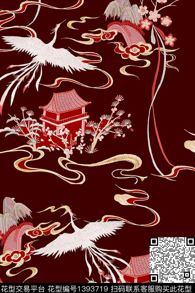 仙鹤真丝中国风数码印花华亿平台下载（图片编号: 1393719） - 瓦栏（Walan）