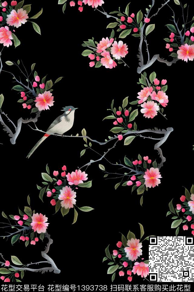 花鸟黑底花卉中老年数码印花华亿平台下载（图片编号: 1393738） - 瓦栏（Walan）