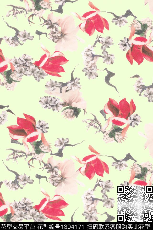 水墨风花卉中国风数码印花华亿平台下载（图片编号: 1394171） - 瓦栏（Walan）