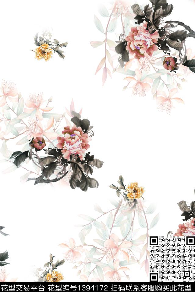 水墨风花卉中国风数码印花华亿平台下载（图片编号: 1394172） - 瓦栏（Walan）