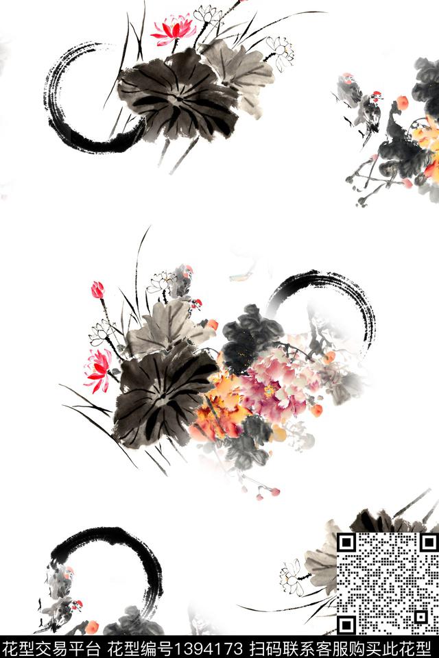 水墨风花卉中国风数码印花华亿平台下载（图片编号: 1394173） - 瓦栏（Walan）