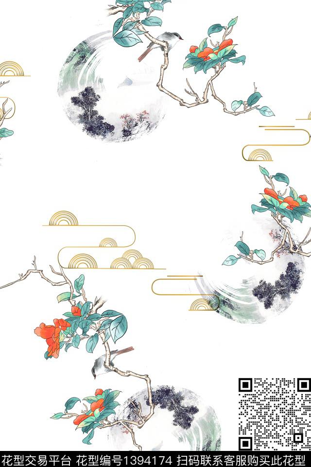 水墨风花卉中国风数码印花华亿平台下载（图片编号: 1394174） - 瓦栏（Walan）