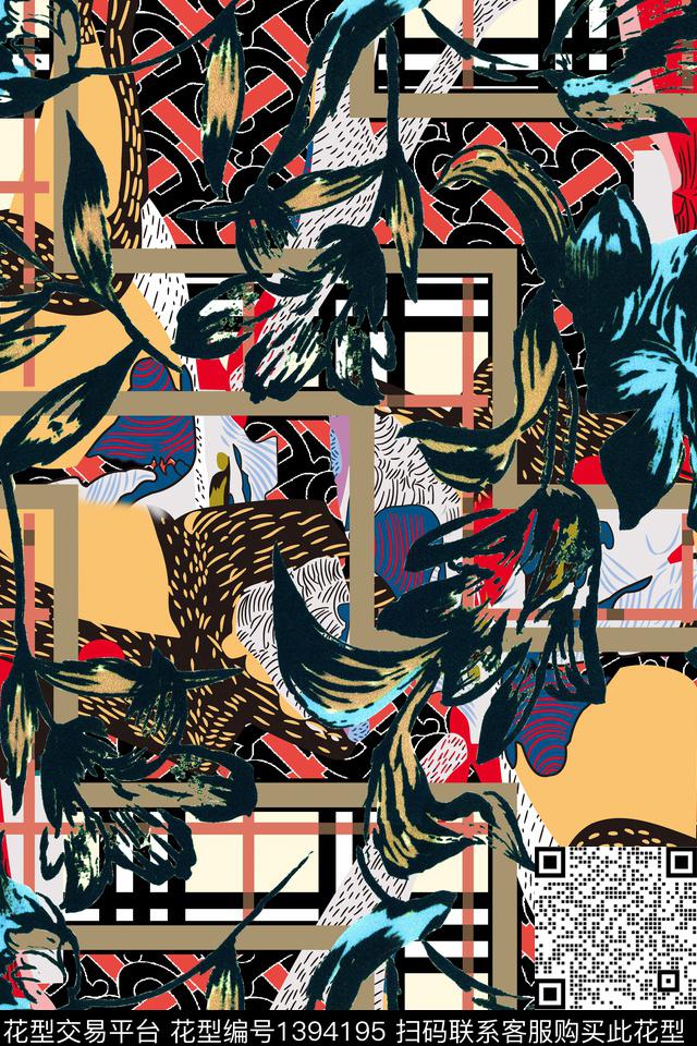 花卉大牌风抽象数码印花华亿平台下载（图片编号: 1394195） - 瓦栏（Walan）