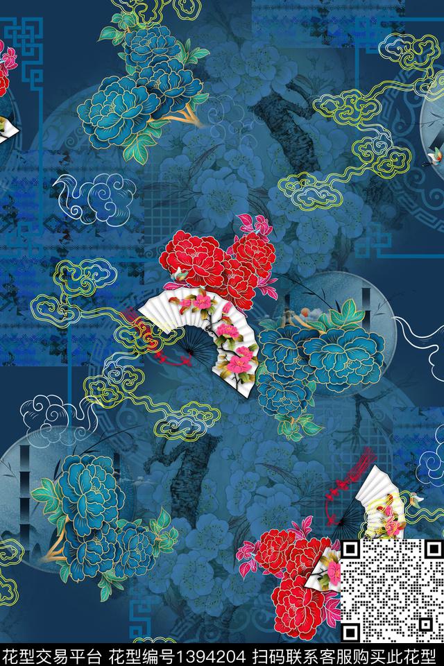 祥云花卉中国风数码印花华亿平台下载（图片编号: 1394204） - 瓦栏（Walan）