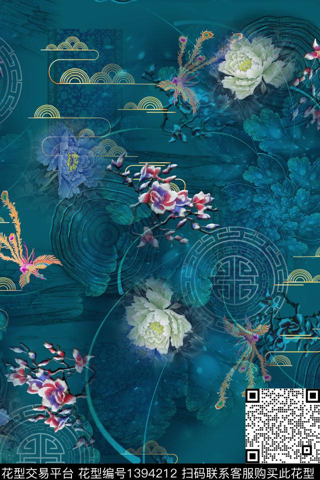 祥云花卉中国风数码印花华亿平台下载（图片编号: 1394212） - 瓦栏（Walan）