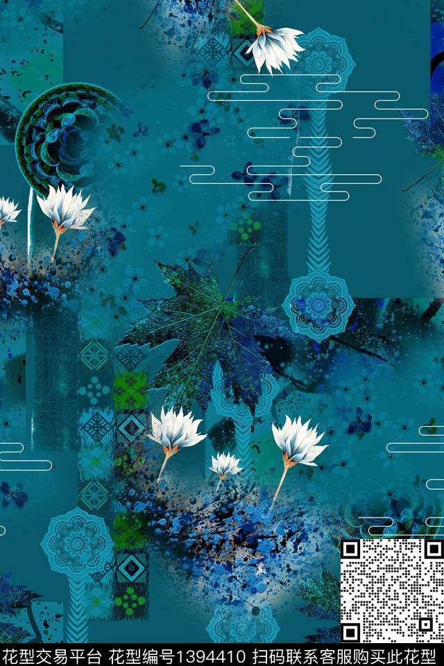 花卉抽象中国风数码印花华亿平台下载（图片编号: 1394410） - 瓦栏（Walan）