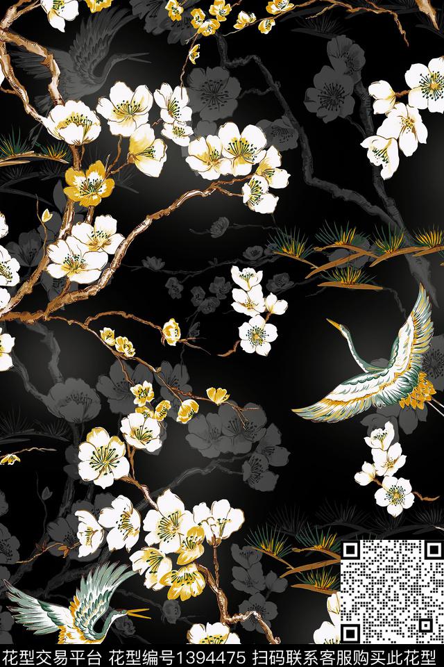仙鹤花卉大牌风数码印花华亿平台下载（图片编号: 1394475） - 瓦栏（Walan）