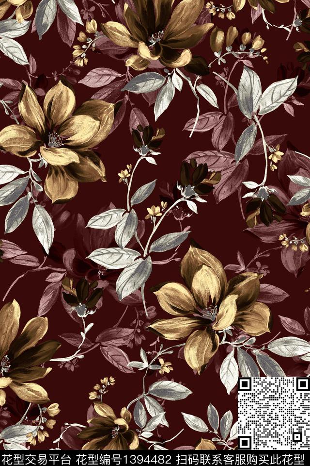 黑底花卉花卉大牌风数码印花华亿平台下载（图片编号: 1394482） - 瓦栏（Walan）