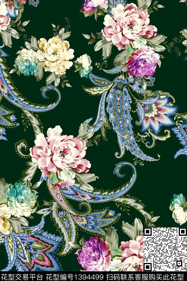 佩斯利花卉真丝数码印花华亿平台下载（图片编号: 1394499） - 瓦栏（Walan）