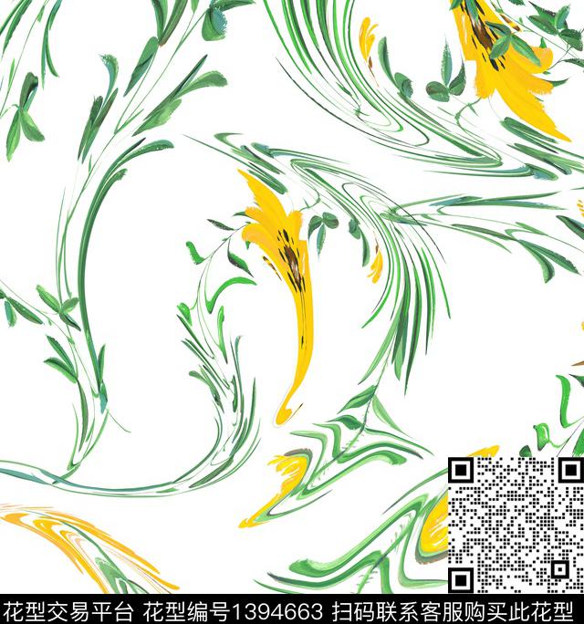 几何抽象花卉枝繁叶茂数码印花华亿平台下载（图片编号: 1394663） - 瓦栏（Walan）