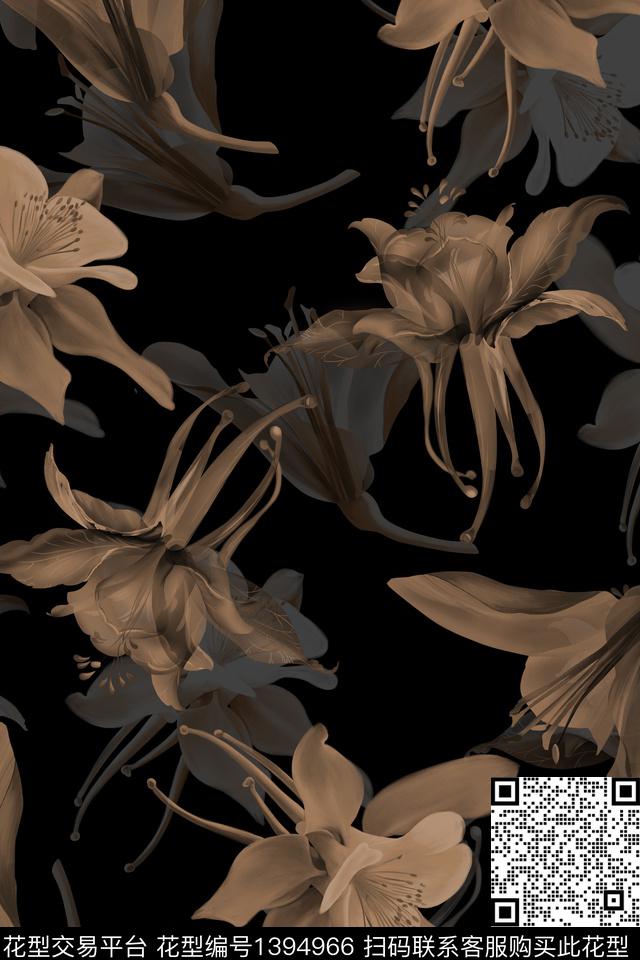 黑底花卉花卉大牌风数码印花华亿平台下载（图片编号: 1394966） - 瓦栏（Walan）