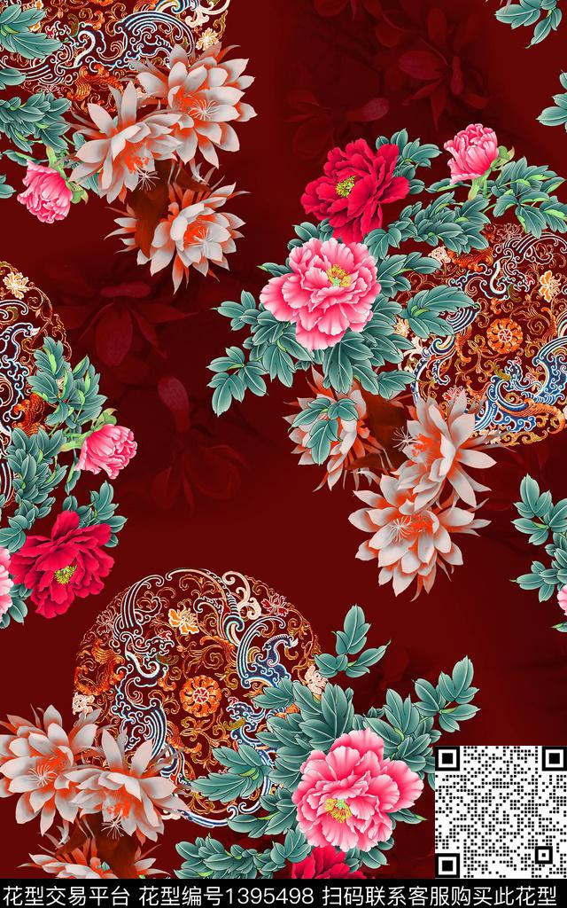 民族风花卉香云纱数码印花华亿平台下载（图片编号: 1395498） - 瓦栏（Walan）