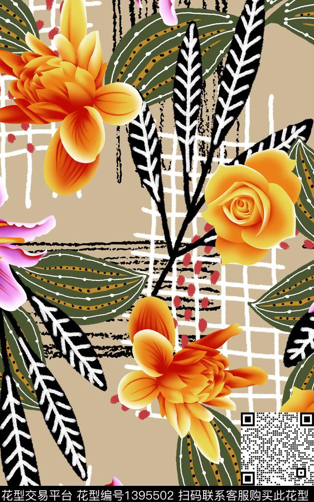 花卉大牌风手绘数码印花华亿平台下载（图片编号: 1395502） - 瓦栏（Walan）
