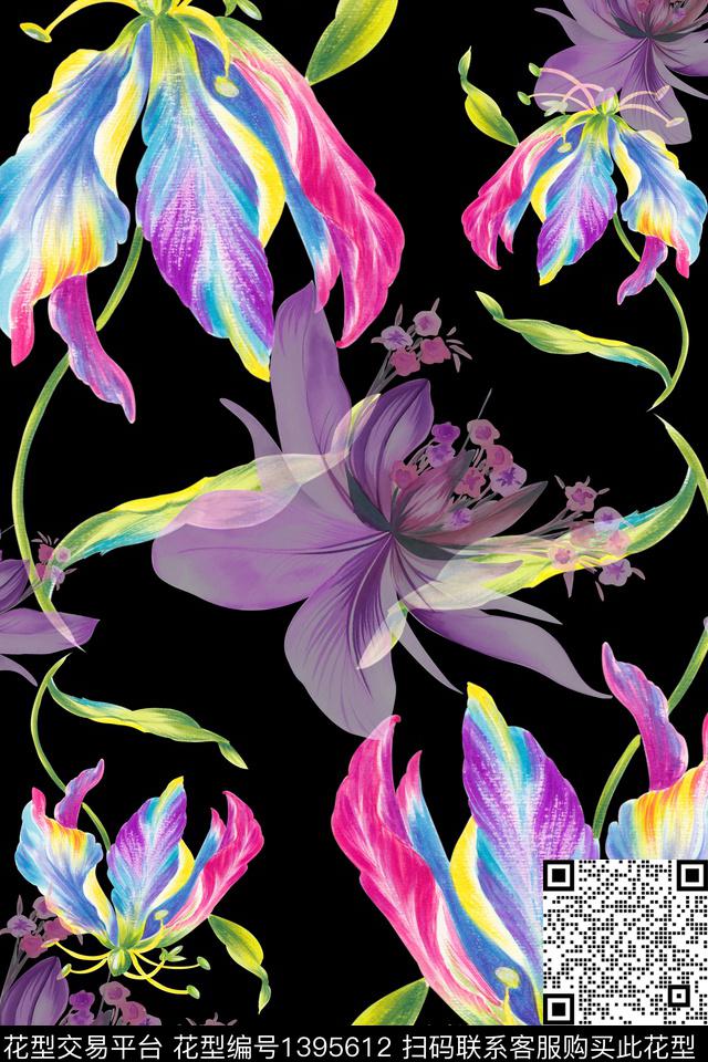 花卉大牌风香云纱数码印花华亿平台下载（图片编号: 1395612） - 瓦栏（Walan）