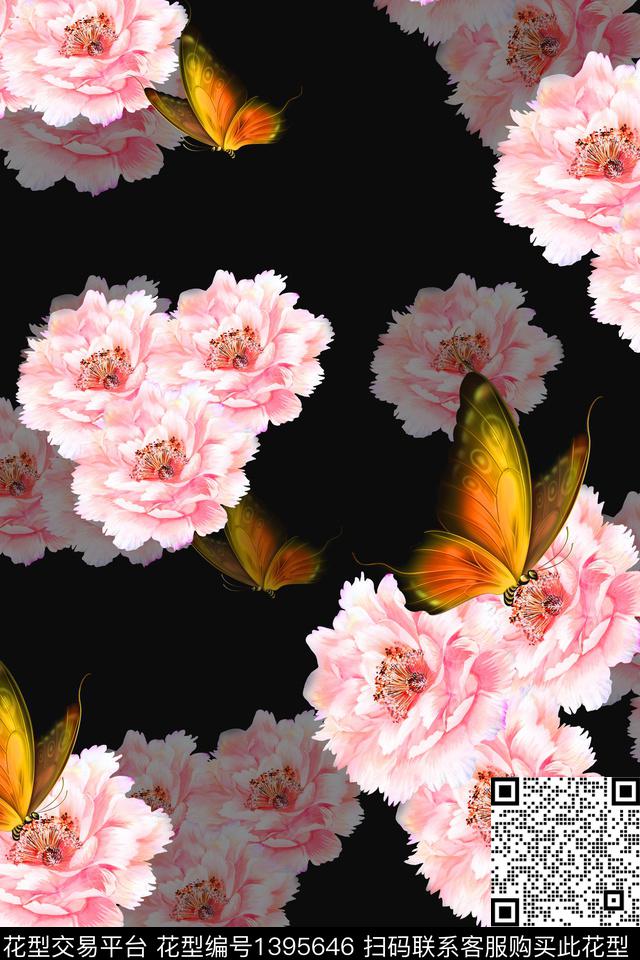 黑底花卉大牌风香云纱数码印花华亿平台下载（图片编号: 1395646） - 瓦栏（Walan）