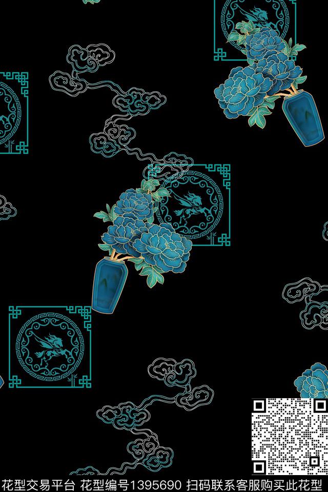 祥云花卉中国风数码印花华亿平台下载（图片编号: 1395690） - 瓦栏（Walan）