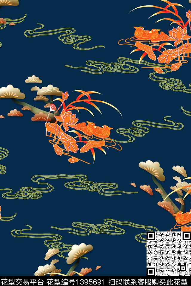 祥云花卉中国风数码印花华亿平台下载（图片编号: 1395691） - 瓦栏（Walan）