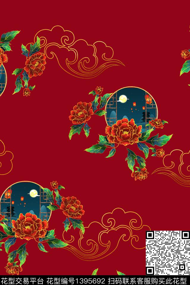 祥云花卉中国风数码印花华亿平台下载（图片编号: 1395692） - 瓦栏（Walan）