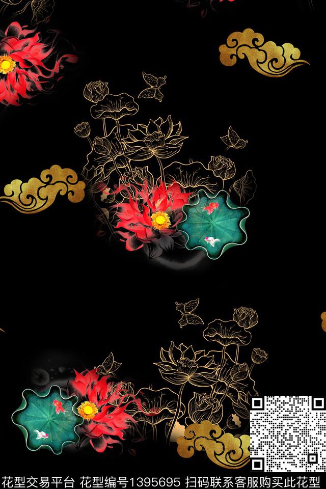 祥云花卉中国风数码印花华亿平台下载（图片编号: 1395695） - 瓦栏（Walan）