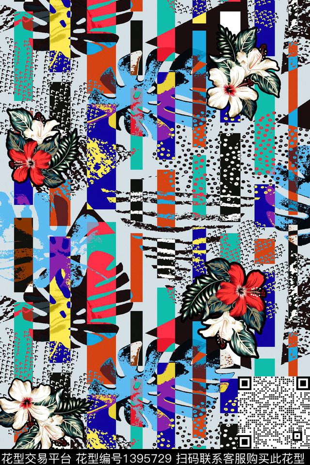 几何花卉大牌风数码印花华亿平台下载（图片编号: 1395729） - 瓦栏（Walan）