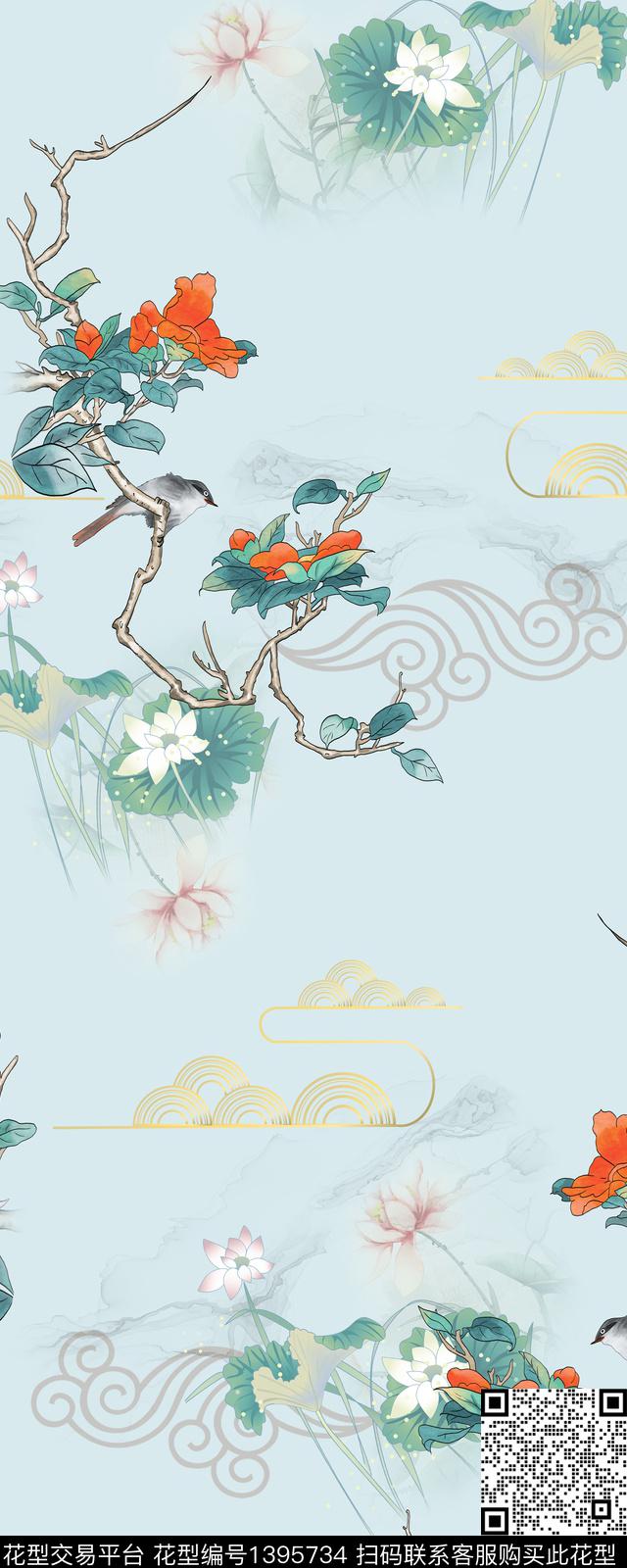祥云花卉中国风数码印花华亿平台下载（图片编号: 1395734） - 瓦栏（Walan）
