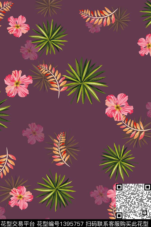 绿植树叶花卉热带华亿平台数码印花华亿平台下载（图片编号: 1395757） - 瓦栏（Walan）