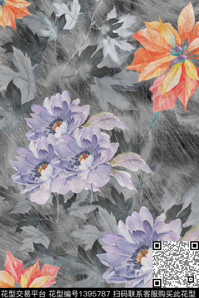 花卉大牌风香云纱数码印花华亿平台下载（图片编号: 1395787） - 瓦栏（Walan）