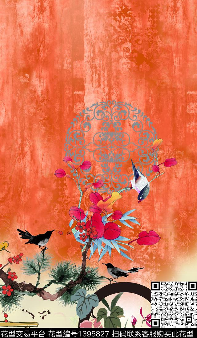 花鸟单边定位风中国风花卉数码印花华亿平台下载（图片编号: 1395827） - 瓦栏（Walan）