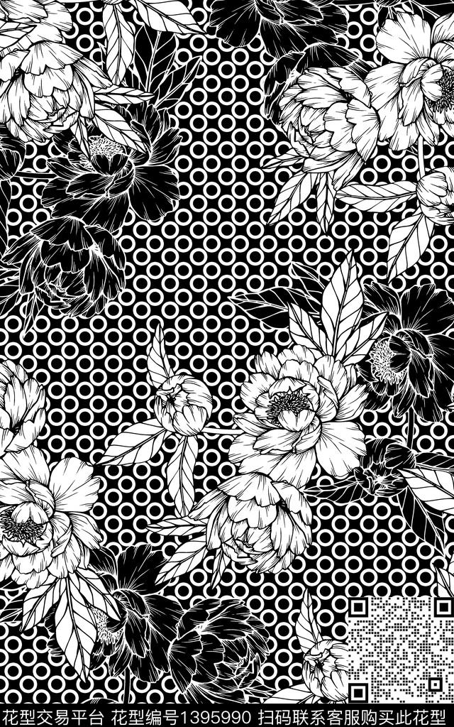 黑白华亿平台满版散花线条花卉传统印花华亿平台下载（图片编号: 1395990） - 瓦栏（Walan）