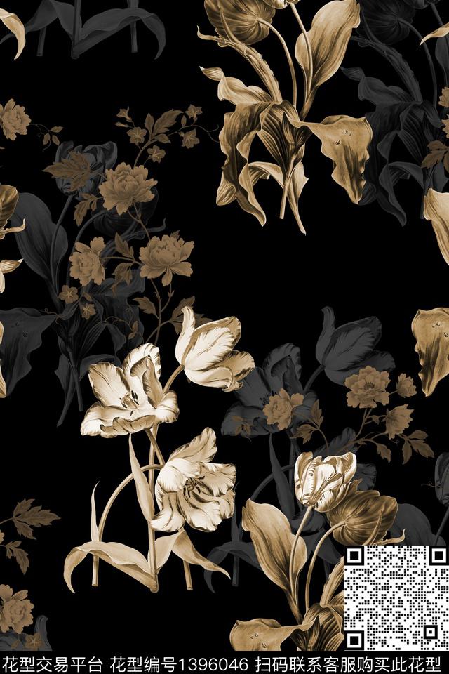 黑底花卉花卉大牌风数码印花华亿平台下载（图片编号: 1396046） - 瓦栏（Walan）