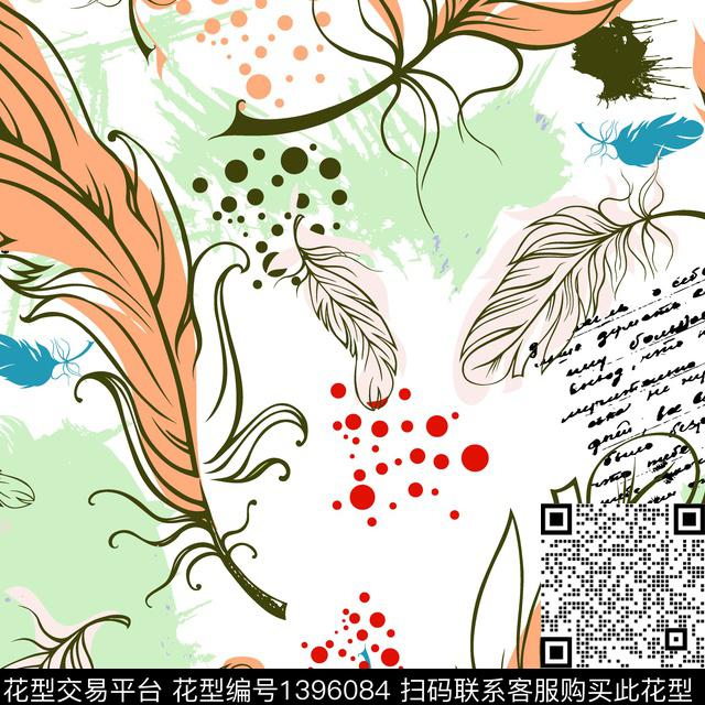 涂鸦抽象羽毛数码印花华亿平台下载（图片编号: 1396084） - 瓦栏（Walan）