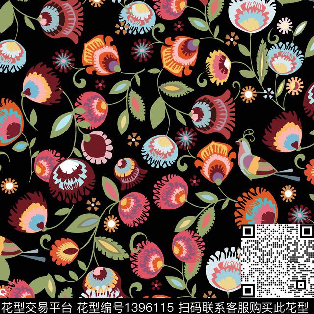 手绘花卉森系淑女数码印花华亿平台下载（图片编号: 1396115） - 瓦栏（Walan）