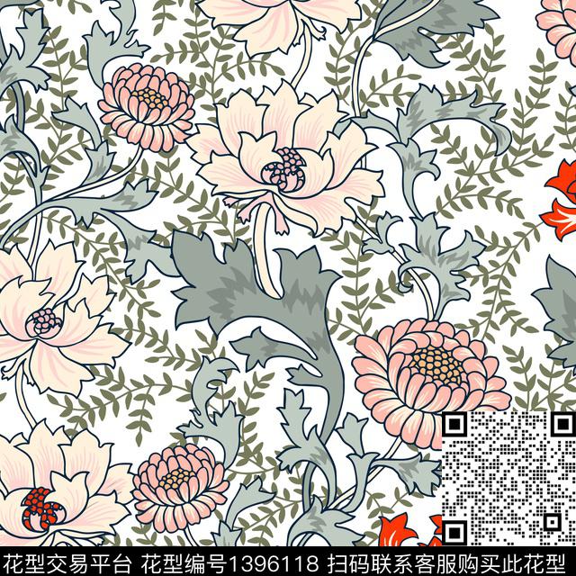简约手绘大花线描花卉数码印花华亿平台下载（图片编号: 1396118） - 瓦栏（Walan）
