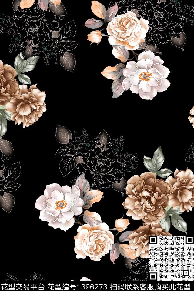 黑底花卉花卉大牌风数码印花华亿平台下载（图片编号: 1396273） - 瓦栏（Walan）