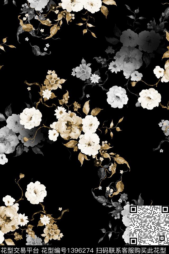 黑底花卉花卉大牌风数码印花华亿平台下载（图片编号: 1396274） - 瓦栏（Walan）