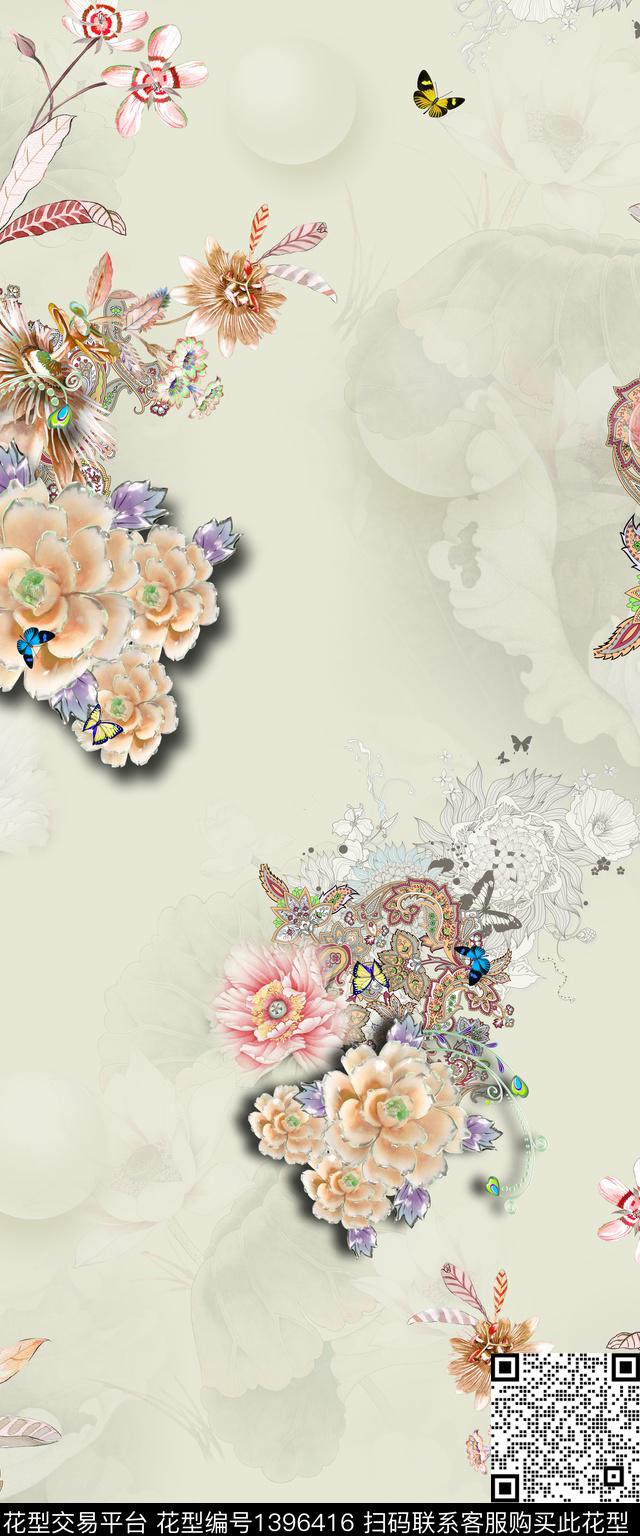 花卉旗袍真丝数码印花华亿平台下载（图片编号: 1396416） - 瓦栏（Walan）