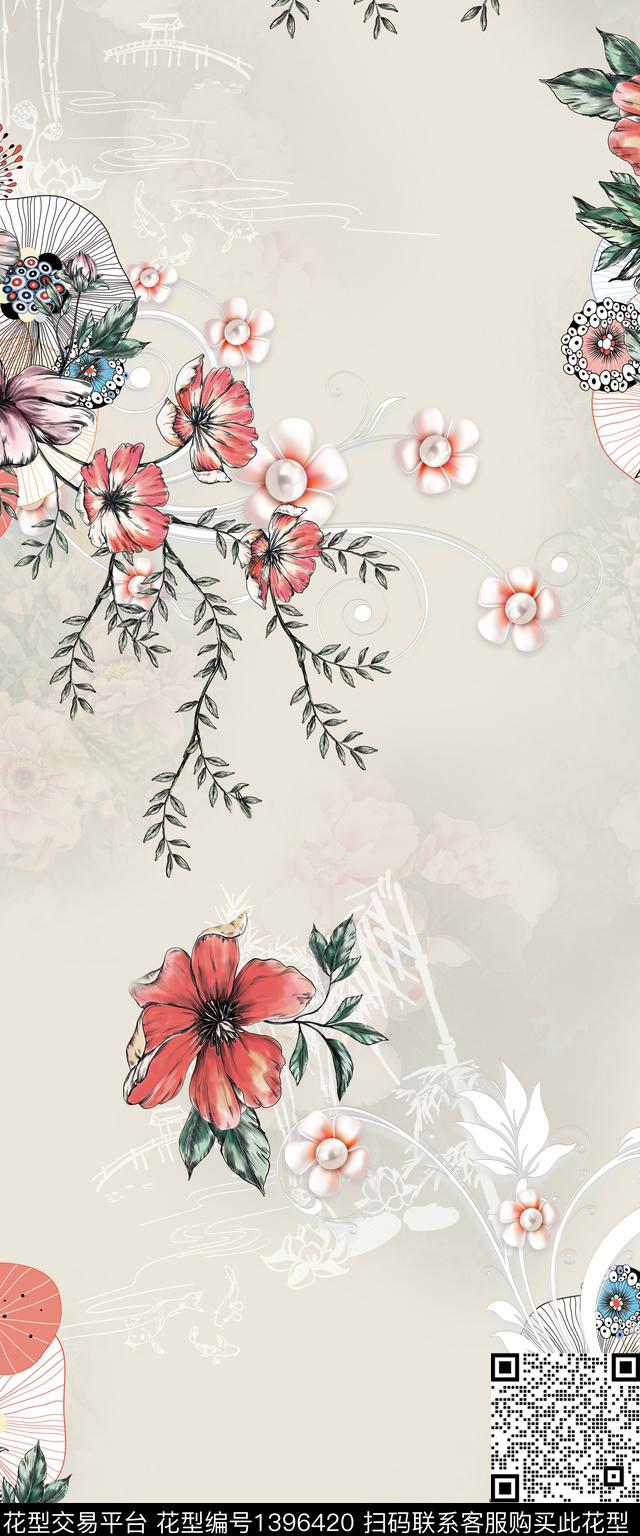 花卉旗袍真丝数码印花华亿平台下载（图片编号: 1396420） - 瓦栏（Walan）